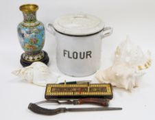 Mid century enamel cylindrical two-handled flour jar and cover, a modern Chinese cloisonne vase,