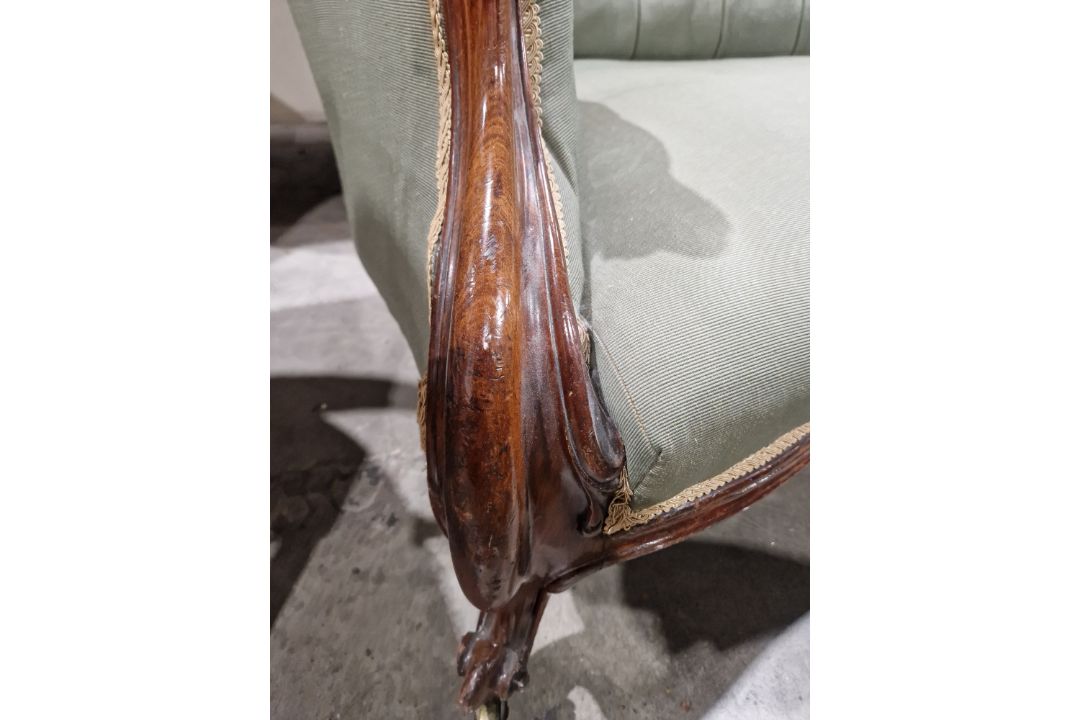 Victorian mahogany-framed parlour sofa, with scroll button back and foliate carved frame, - Image 13 of 29