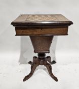 Victorian walnut parquetry inlaid games and work table, the hinged top revealing baize gaming