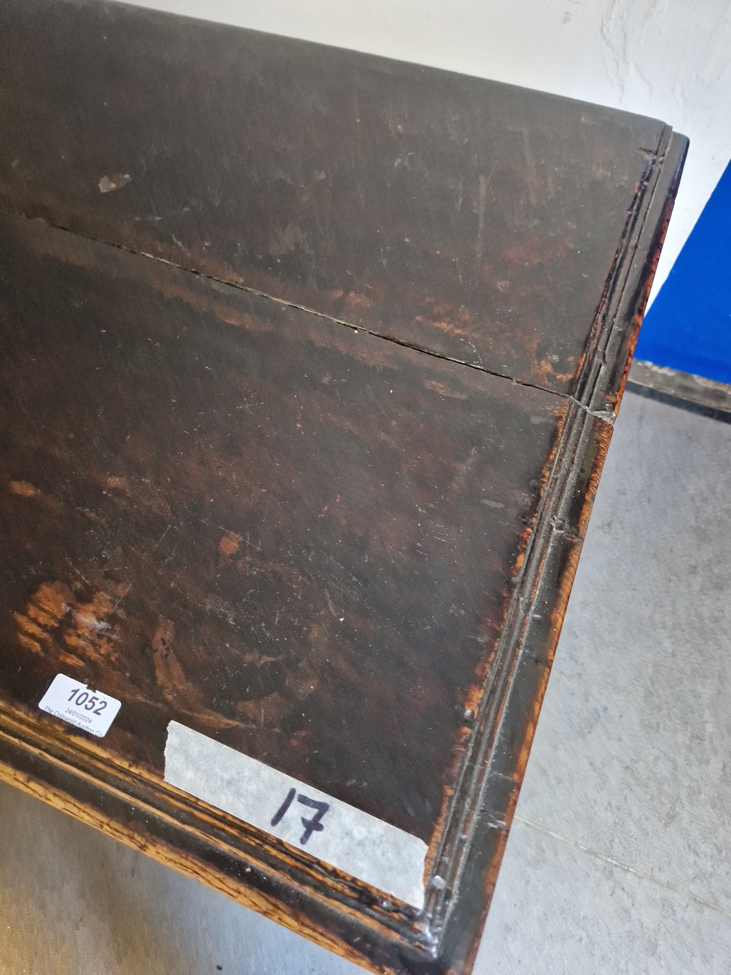 Antique oak coffer, the planked top with lunette frieze, the three-framed panel front scroll - Image 2 of 27