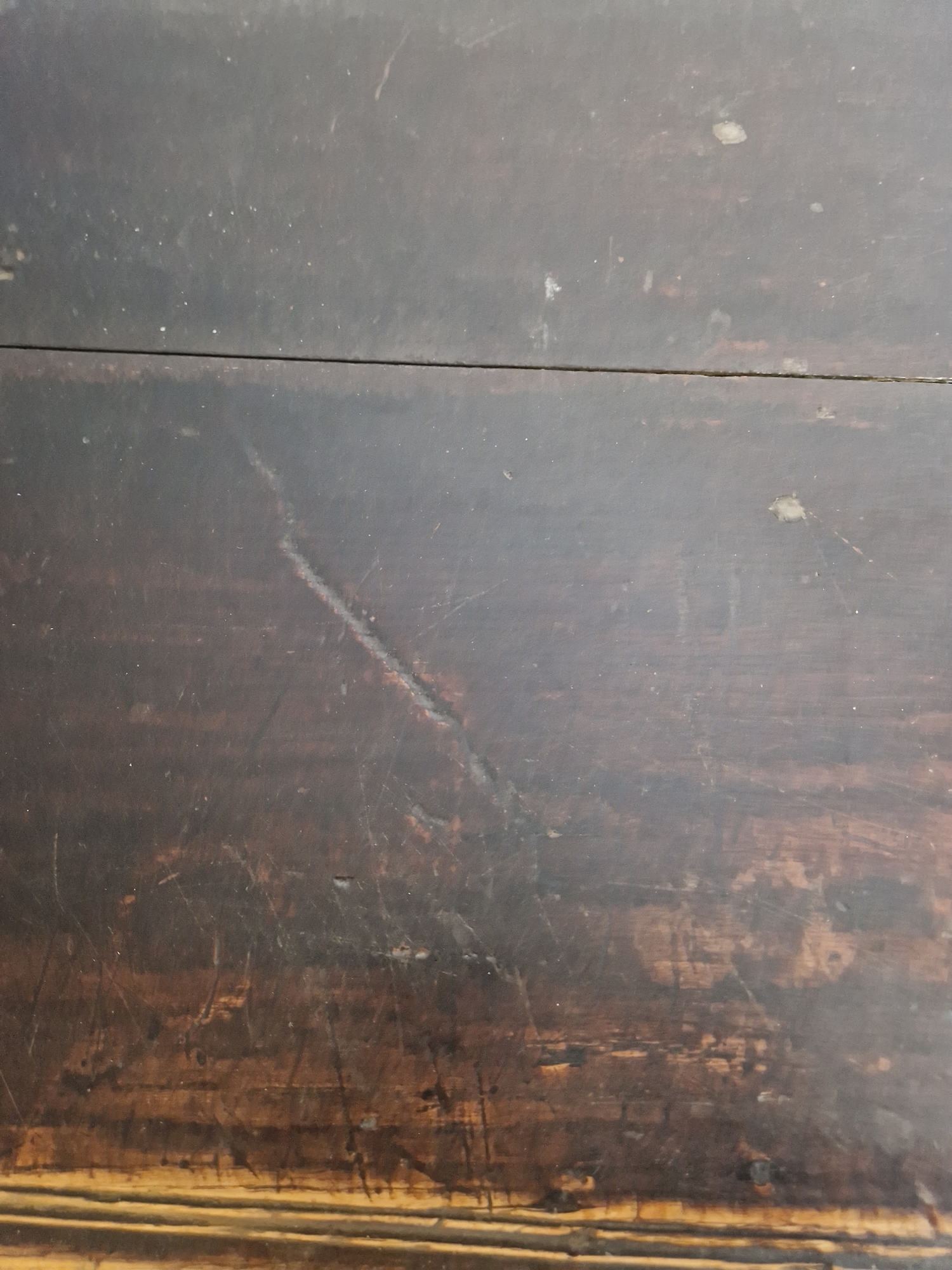 Antique oak coffer, the planked top with lunette frieze, the three-framed panel front scroll - Image 5 of 27