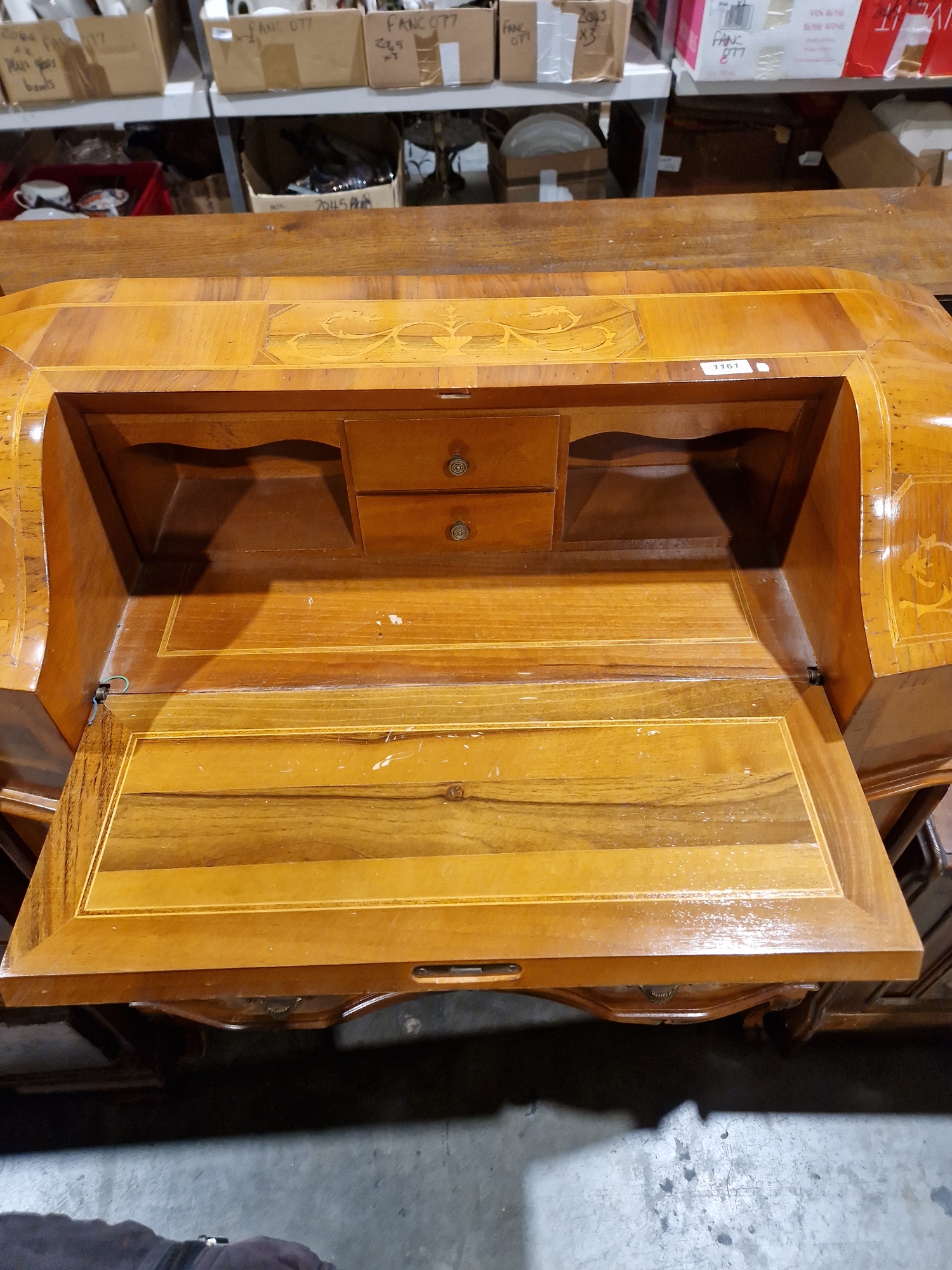 Reproduction marquetry inlaid bureau, the fall-front enclosing two fitted drawers and pigeonholes - Image 10 of 34