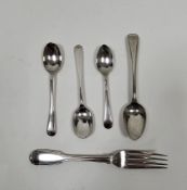Early Victorian silver fork, hallmarked London 1844, makers mark rubbed, three silver teaspoons