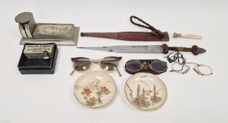 Mid-century set of white metal-mounted postal scales, inset with a watercolour hunting scene, to