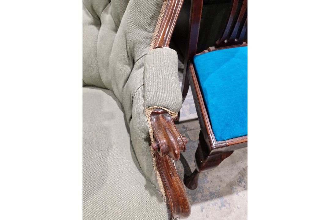 Victorian mahogany-framed parlour sofa, with scroll button back and foliate carved frame, - Image 6 of 29