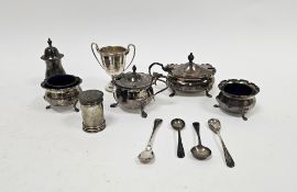 Assortment of silver condiment wares including two lidded mustard pots, a salt and pepper, two