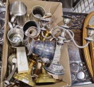 Georgian-style silver-plated three-light candelabra, assorted tankards, a Victorian silver-plated