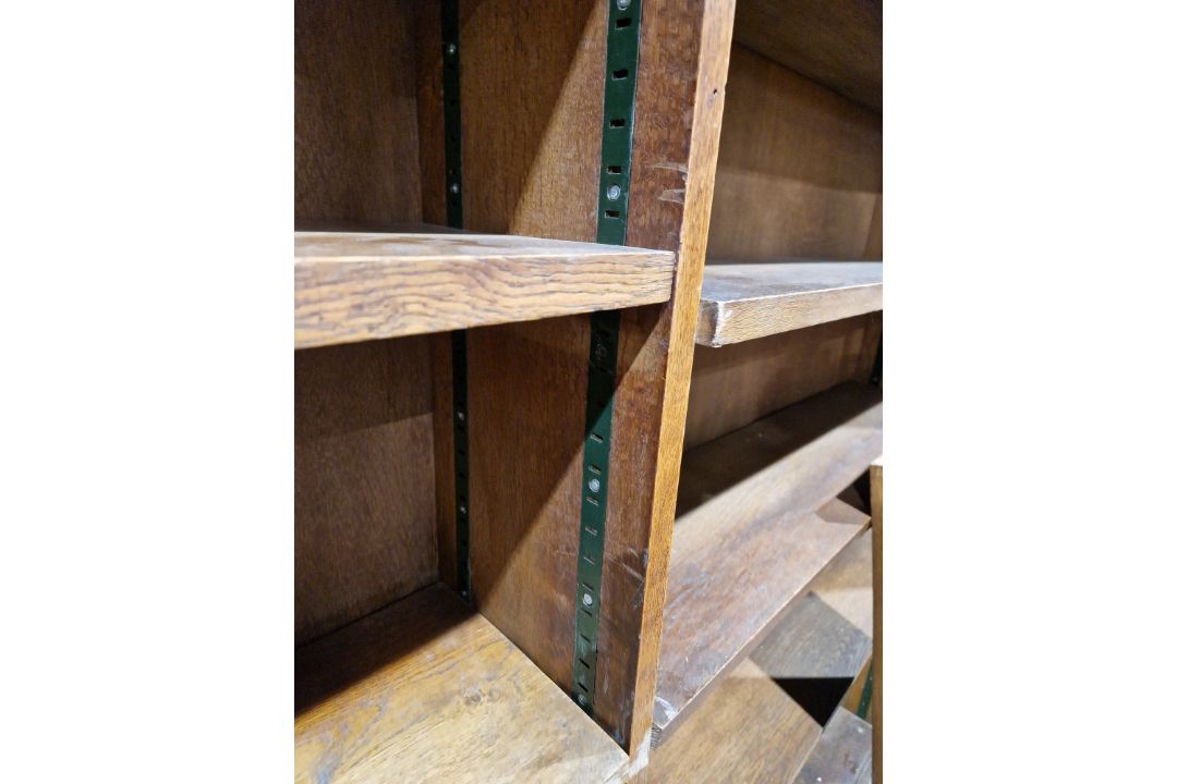 Unusually large oak bookcase, three section having 14 adjustable shelves, 172cm high x 310cm wide - Image 8 of 23