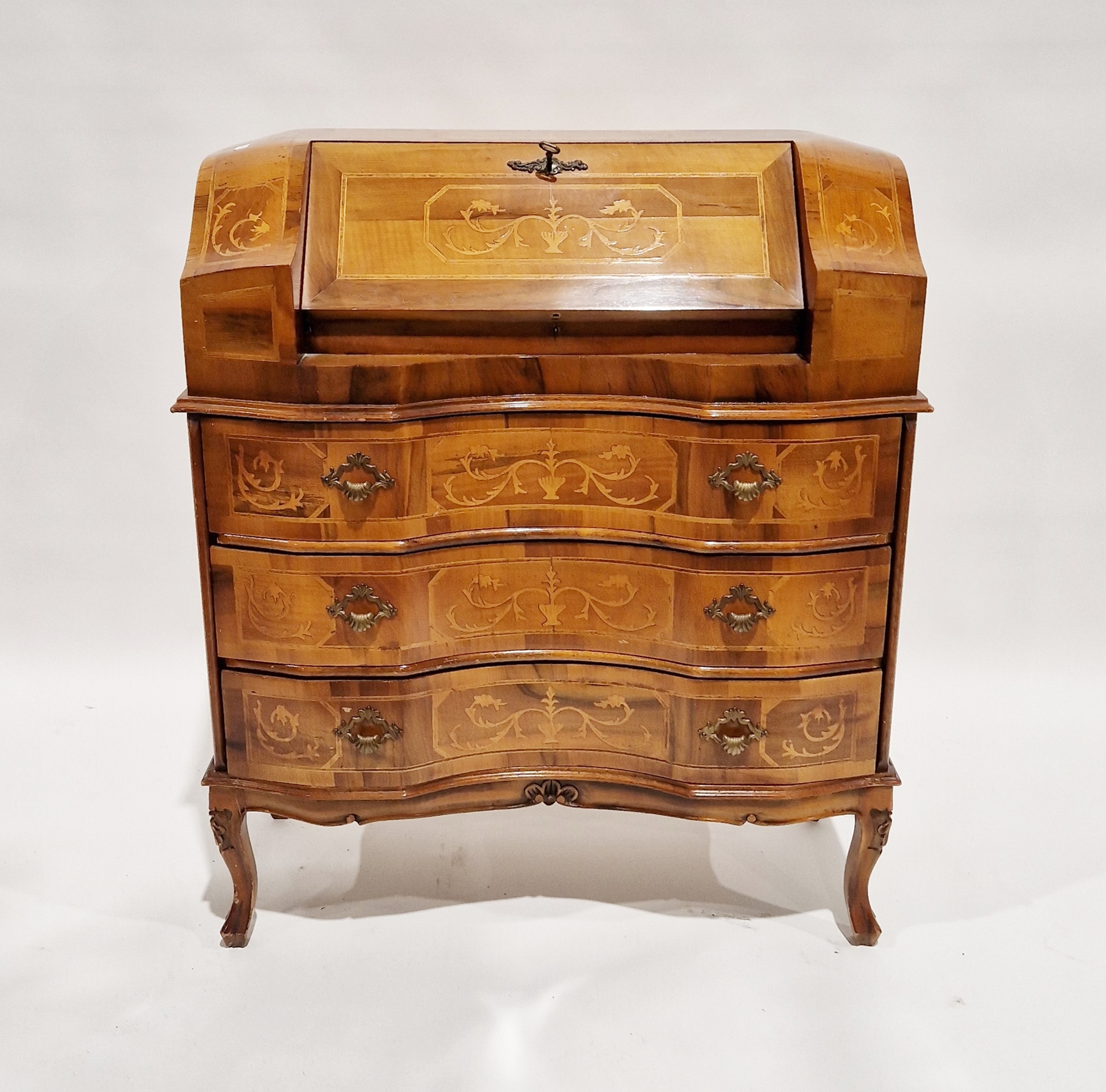 Reproduction marquetry inlaid bureau, the fall-front enclosing two fitted drawers and pigeonholes