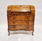 Reproduction marquetry inlaid bureau, the fall-front enclosing two fitted drawers and pigeonholes