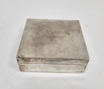 George V silver cigarette box of square form, opening to reveal a wood lined interior, hallmarked