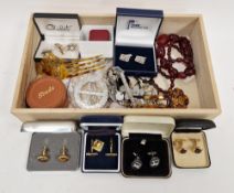 String of red amber coloured graduated oval beads, pair cufflinks and other items (1 box)  Condition