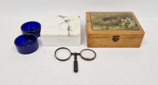 Late 19th century pair of folding lorgnettes, a pair of blue glass salts, a marble rectangular box