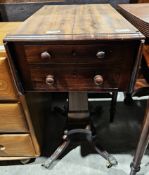 Regency mahogany worktable, drop leaf, 2 drawers on square tapered column and outswept quadruple