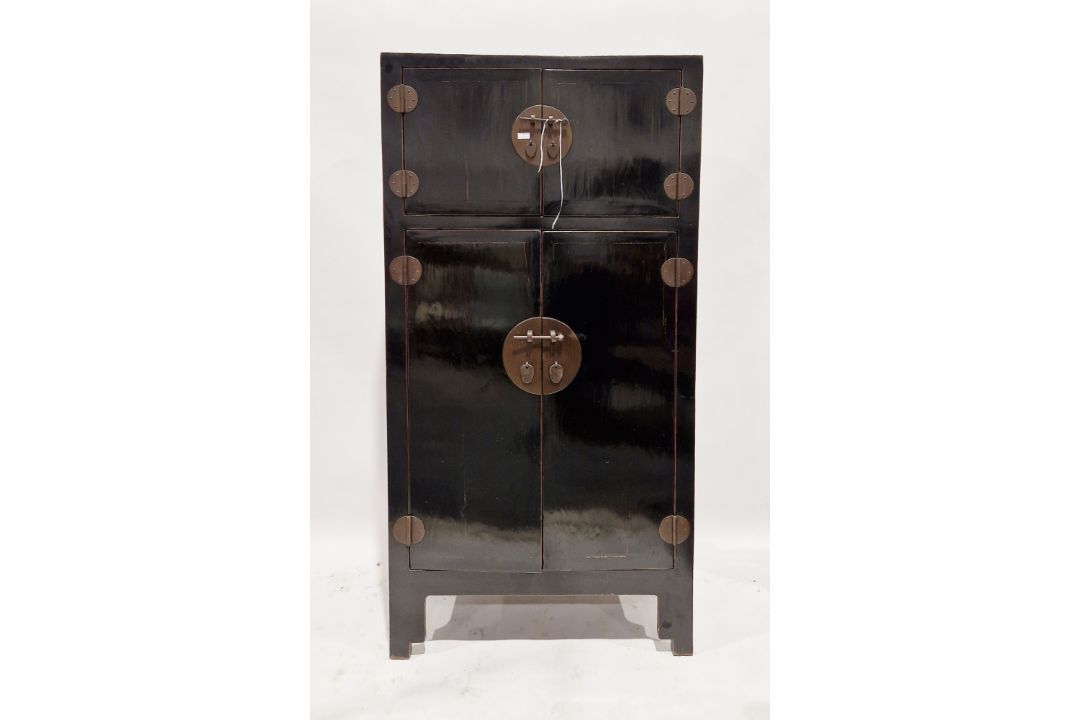 Late 19th/early 20th century Chinese black lacquered cabinet, comprising a two-door section to the