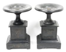Pair of Victorian slate pedestal tazzas on stands, each cup-shaped tazza supported on a square