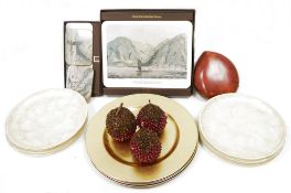 Collection of lacquer ware and other items including set of Capiz mother-of-pearl mounted plates,