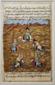 Three Indian miniature paintings, gouache on paper, two depicting a battle scene and another with