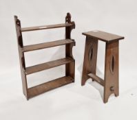 20th century oak Arts & Crafts-style stool, 68cm high and a four-tier oak wall-hanging shelf (2)