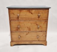 Victorian pine chest of drawers with grey painted top, comprising three long drawers with turned