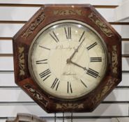 19th century brass inlaid rosewood octagonal section fusee striking wall clock, the white painted