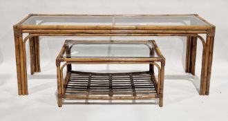 Large bamboo side table of elongated rectangular form, with glass top, 69cm high x 177cm wide x 46cm