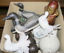 Pair of Carl Scheindig Graftenfel Indian Fantail ceramic models, three carved wood models of