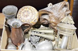 Assorted collectables to include a brass lantern decorated with skull and crossbones, a wall-mounted