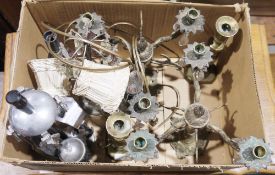 Pair of brass floral candelabra with hanging glass droplets, a pair of brass candlesticks, a two-