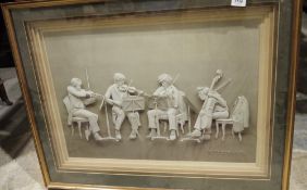 Print of musicians with 3D-effect, signed Reinhard 1976, 65cm x 83cm to include mount and frame