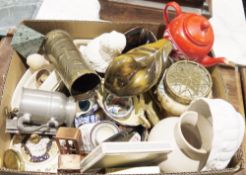 Trench art shell with floral and fruit decoration, a miners snuff box, a plaster bust of Queen