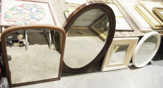 Large oval shaped bevelled edged glass mirror, with mahogany frame and three other framed mirrors (