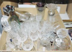 Royal Doulton crystal cut glass decanter, a carnival glass tall flower vase, a smoked glass decanter