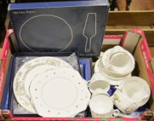 Brass wall-mounted coat hanger, an old Foley pottery plate and server, a Royal Stafford polka dot