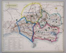 Coloured map of Dorsetshire by J. & C. Walker, listing polling places and places of foxhound