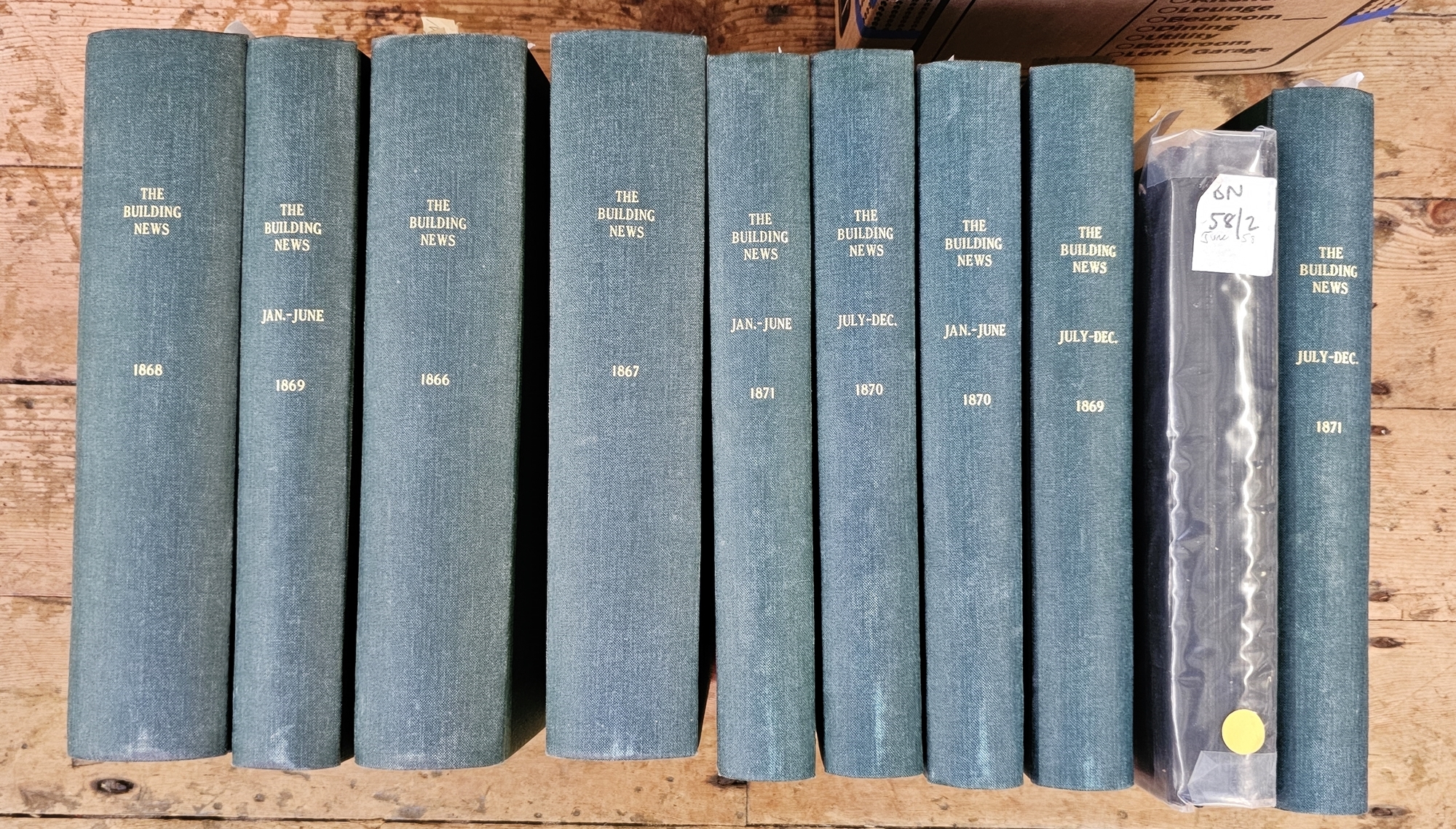 Bound copies of The Building News, 1850 through to 1930's, various bindings and a box of folders