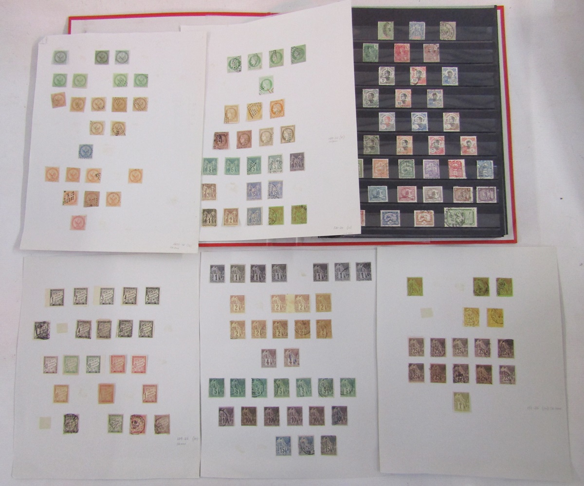French colonial stamps: Three binders, envelopes, sleeves, and 20+ stock-cards of early to more - Image 3 of 6