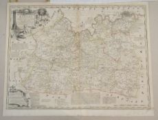E Bowen & T. Kitchin, a partly coloured engraved map of Surrey, a double page from The Large English