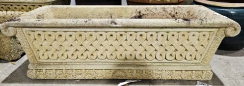 Large Cotswold Studios Ltd stone planter decorated with celtic knotwork, 92cm long x 33cm wide x
