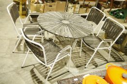Grey stained wood and metal garden table with four matching chairs (5)  Condition Report Overall