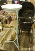 Late 19th/early 20th century children's pram with wooden, iron and wicker fittings and a free