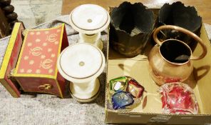Pair of alabaster and brass candle holders, a Josef Hospodka for Chribska cased red glass vase of