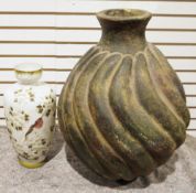 Large rustic ceramic vase, a white metal bound trinket box with blue and white ceramic lid, a