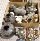 Tibetan-style carved and painted wooden mask, a kneeling terracotta soldier and similar horse, a