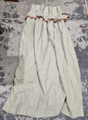 Sage green ruffle curtain with red and cream lined upper skirt, with tassels, 190cm long x 108cm