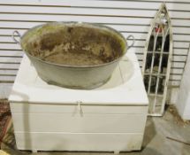 Wooden panelled storage box painted in cream with a hinged lid, a heavily worn tin two-handled basin