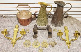 Vintage copper teapot, a pair of French-style two-arm wall sconces, an Art Nouveau J.S & S brass