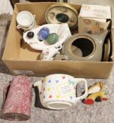 Milton Satsuma-style lidded vase, a pair of Helacraft candle holders decorated with floral applique,