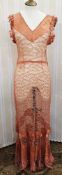1920's/30's lace dress with satin detail, satin frill to the sleeveless sleeves and to the hem, a
