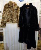 Black faux-fur coat, full-length, labelled size 12, a Warehouse faux-fur printed leopard three-
